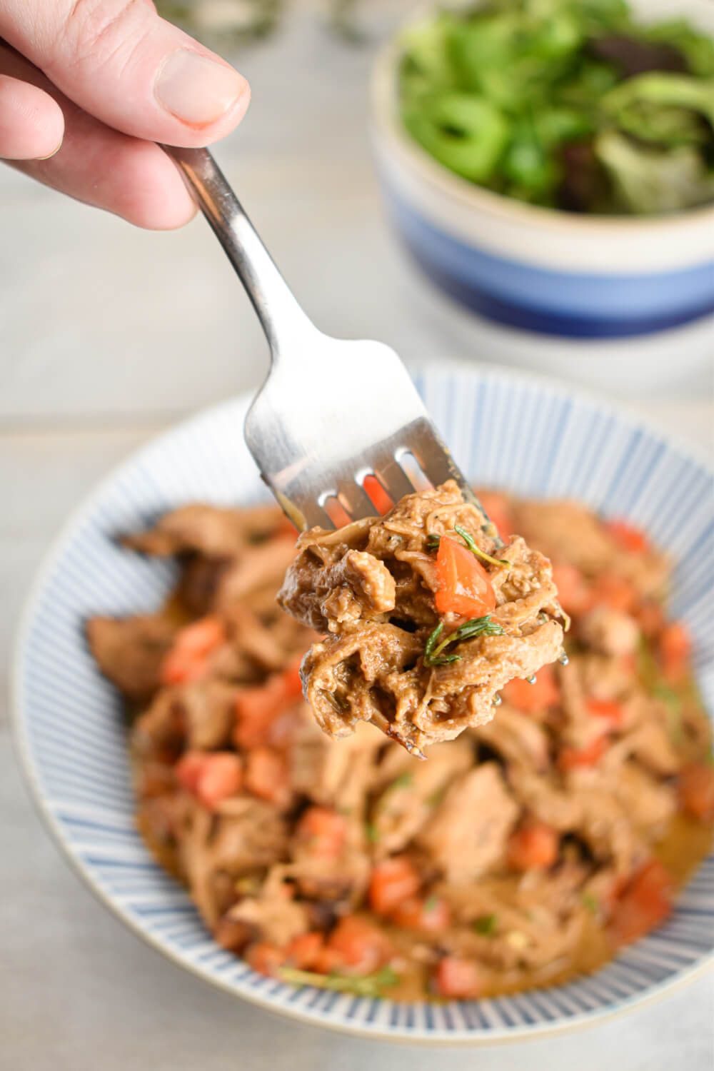 Crockpot paprikash with pork on a fork being lifted up by a hand.