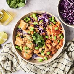 A vibrant bowl of chicken, edamame, purple cabbage, and carrots drizzled with sauce, surrounded by lime, mint, and olive oil.