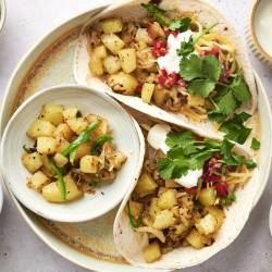 Potato green chile tacos with chopped potatoes, poblano peppers, onions, and salsa served in corn tortillas.