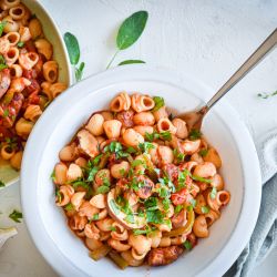 Sausage and pepper pasta with turkey sausage, bell peppers, onions, mushrooms, and tomato sauce in two bowls with garlic.