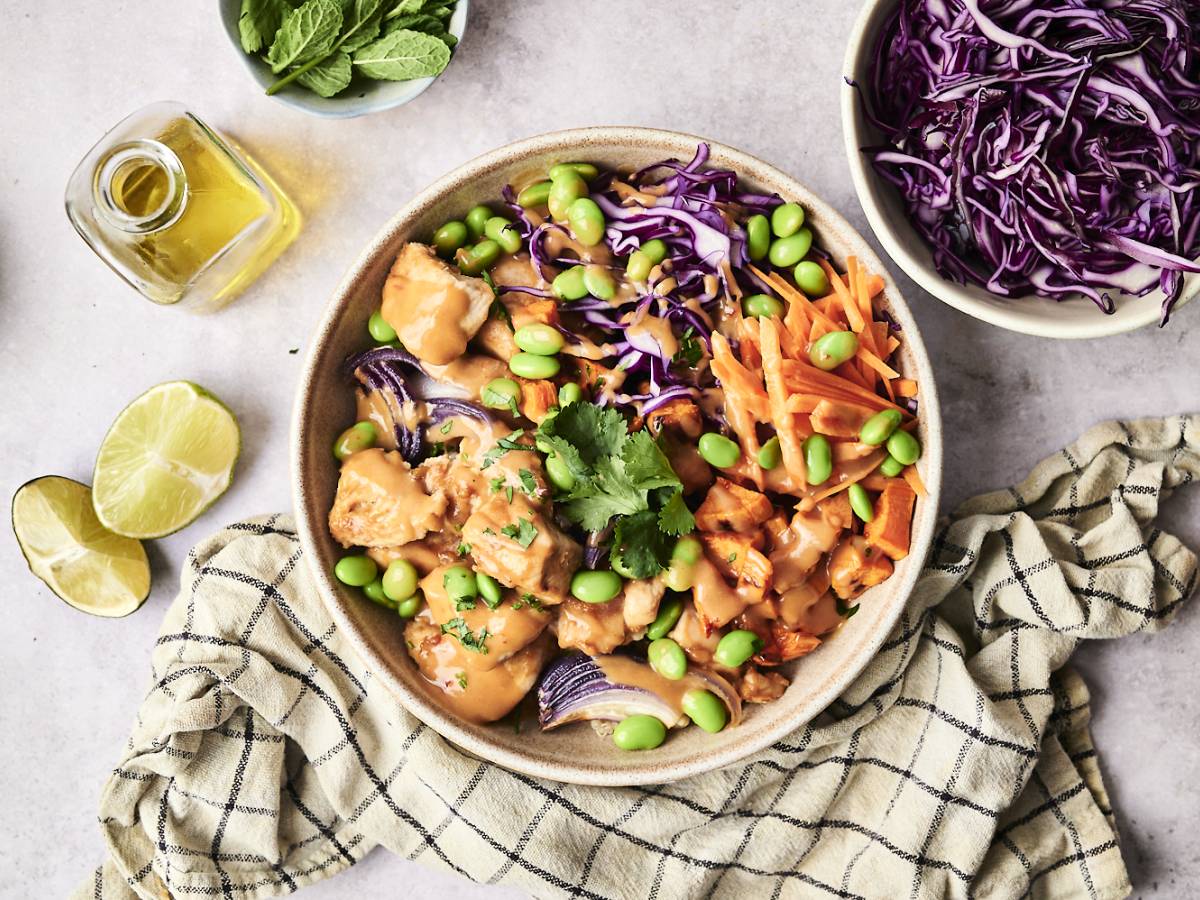 High-protein chicken and edamame bowl